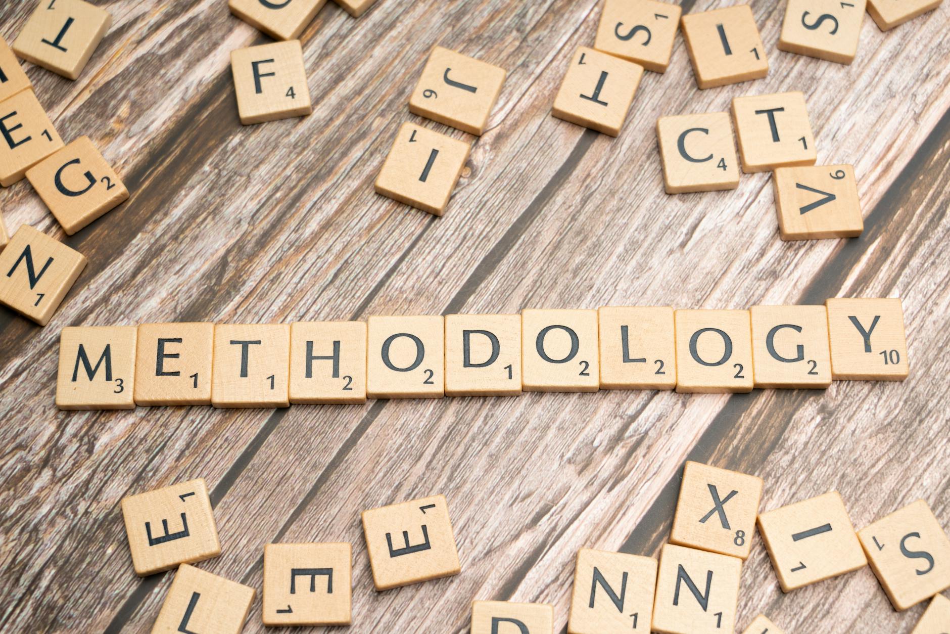 the word methodology spelled out with scrabble tiles